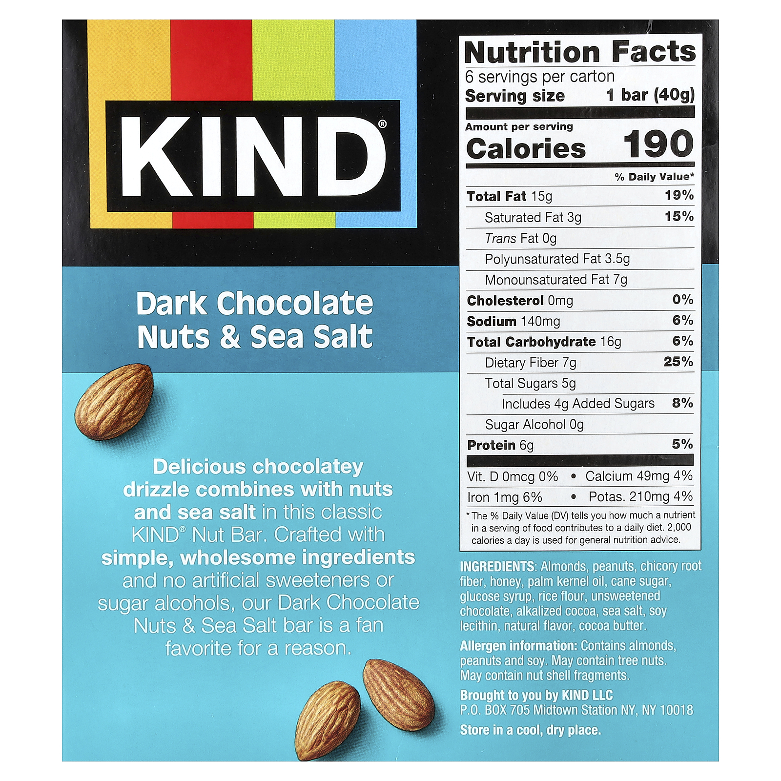 KIND Bars Barras de Proteína Chocolate Amargo com Frutos Secos e Sal Marinho 6 Barras 40 g (14 oz) Cada - Imagem 2