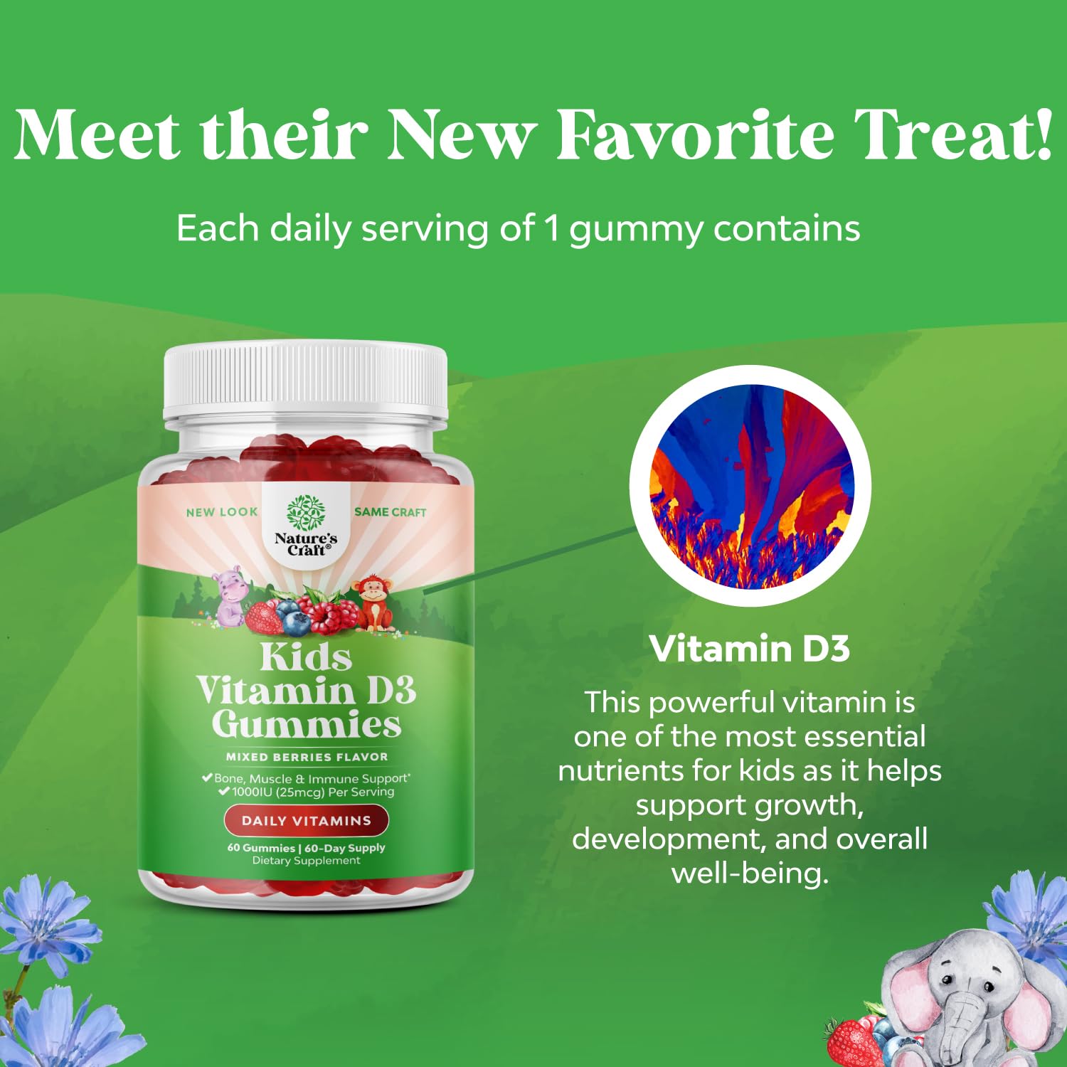 Natures Craft Gomas de Vitamina D3 para Crianças Frutos Silvestres 25 mcg (1.000 UI) 60 Gomas - Imagem 6