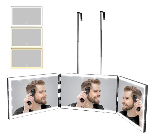 Espelho De 3 Vias Xigetrail Com Luzes Para Maquiagem E Corte De Cabelo Preto