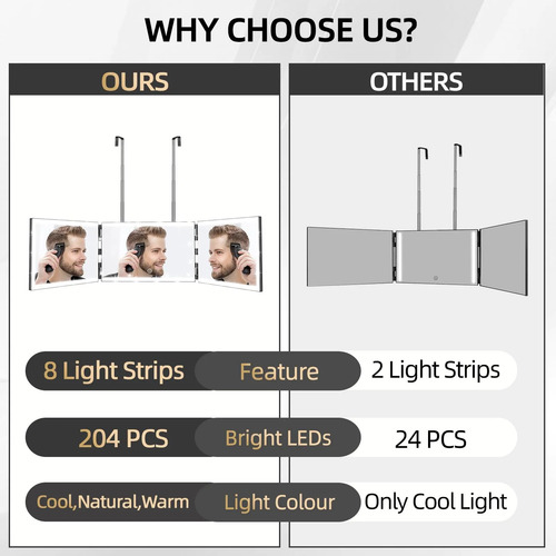 Espelho De 3 Vias Xigetrail Com Luzes Para Maquiagem E Corte De Cabelo Preto - Imagem 4