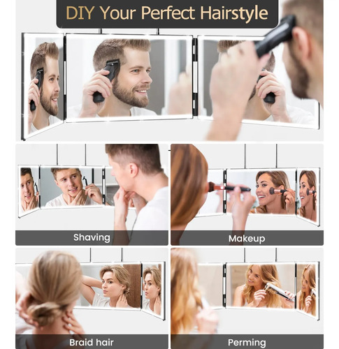 Espelho De 3 Vias Xigetrail Com Luzes Para Maquiagem E Corte De Cabelo Preto - Imagem 6