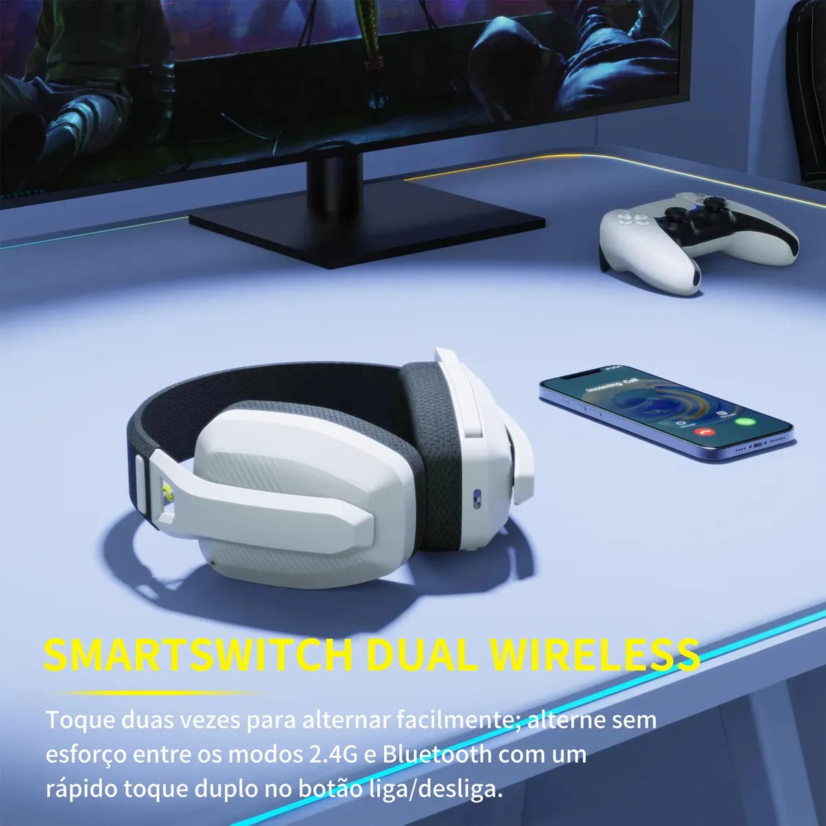 Fone de ouvido Headset gamer Binnune Bw06 Wireless Fone cinza para PC,PS,Mac USB 2.4Ghz,5.3Bluetooth com mic - Imagem 5