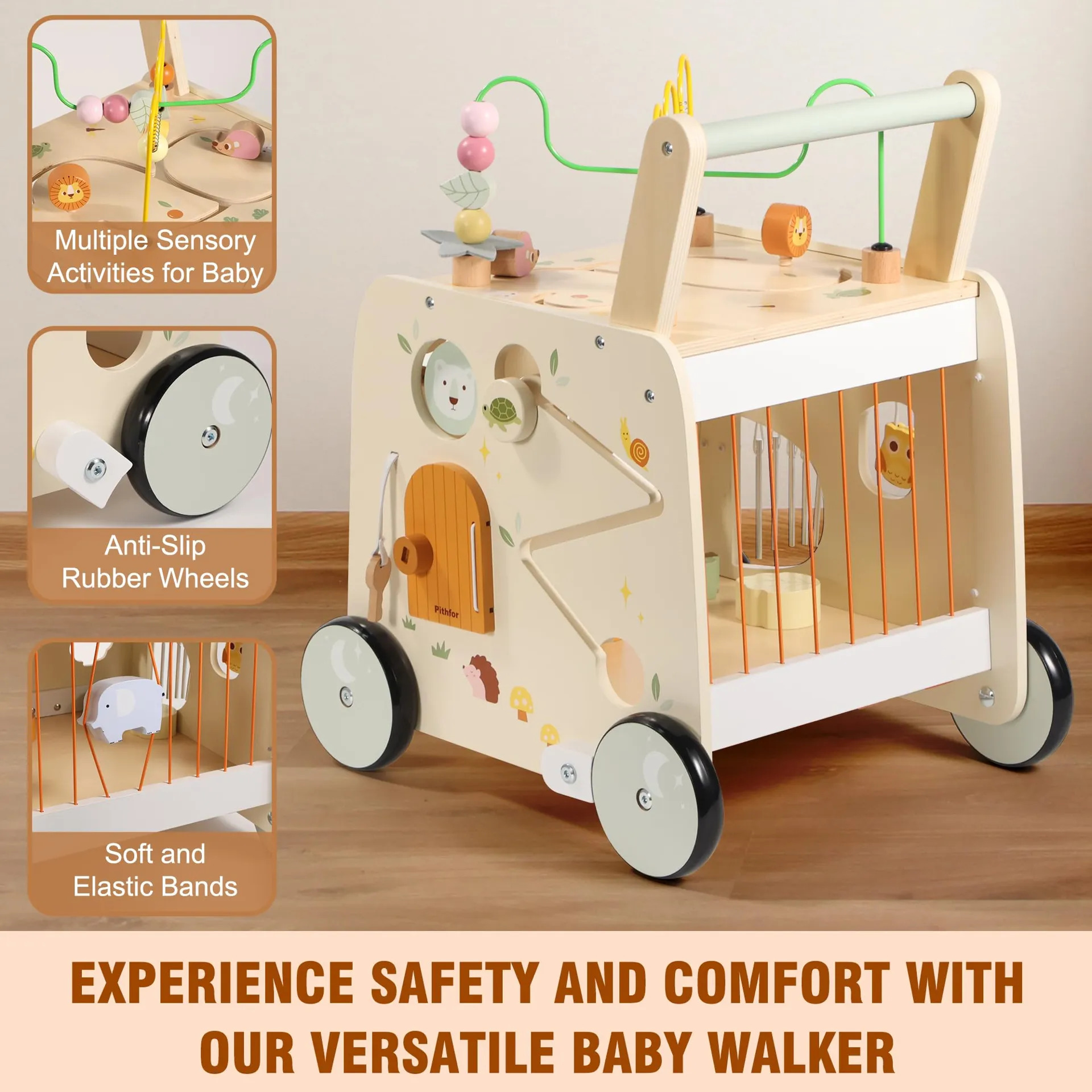 Pithfor Wooden Activity Cube Push Walker Para Bebês Laranja - Imagem 4