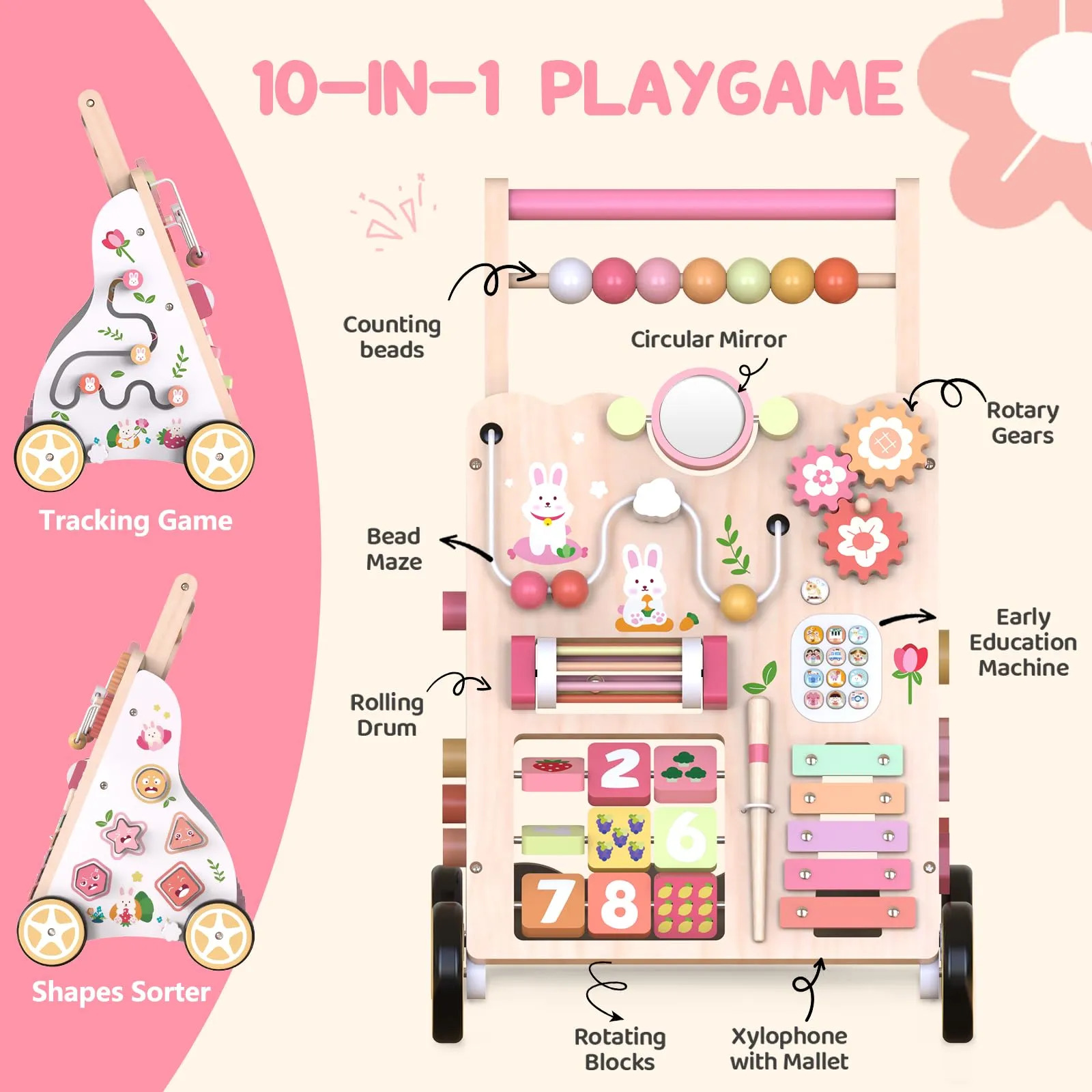 Brinquedo Weilim Wooden Baby Walker Ajustável Em Altura E Ve Rosa - Imagem 3