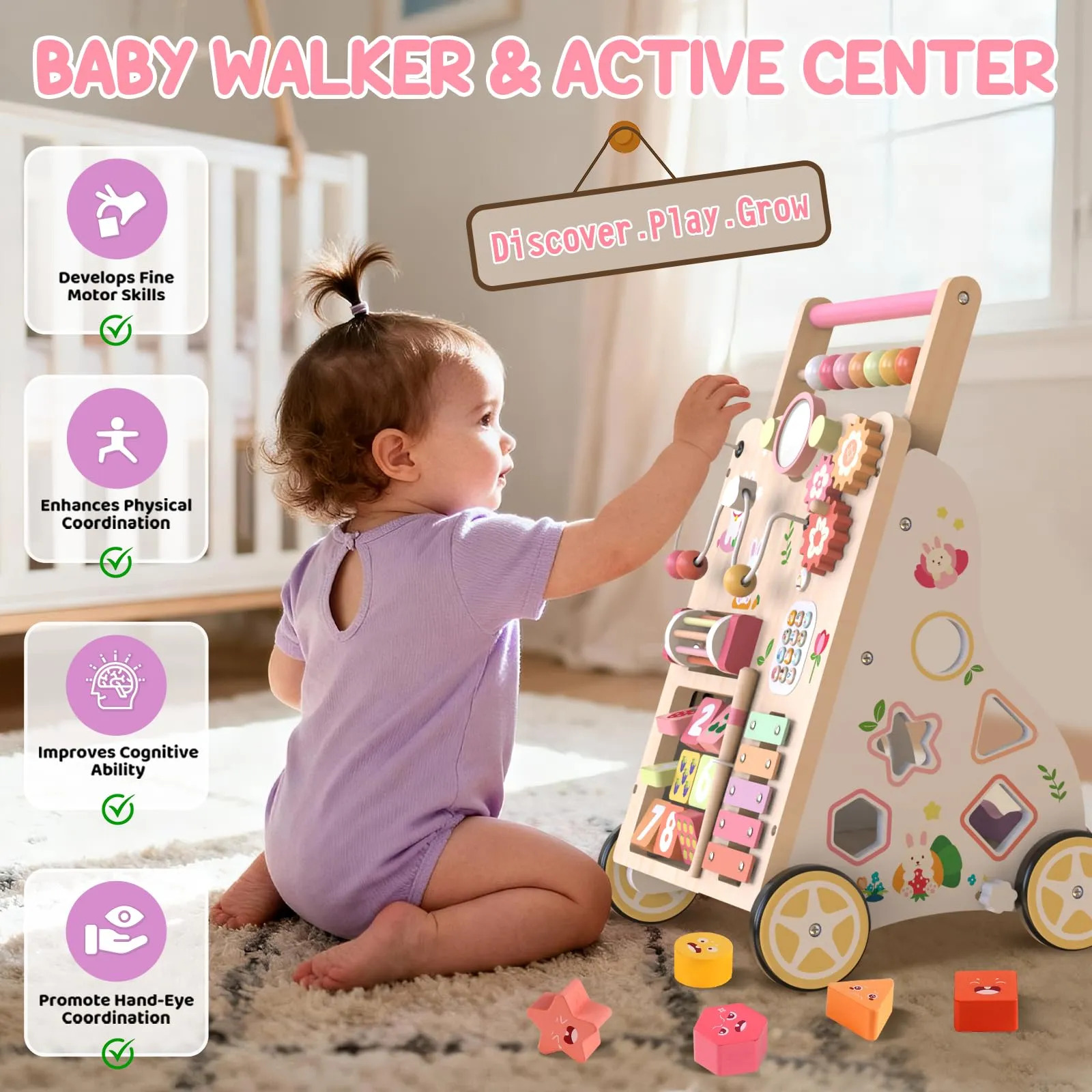 Brinquedo Weilim Wooden Baby Walker Ajustável Em Altura E Ve Rosa - Imagem 5