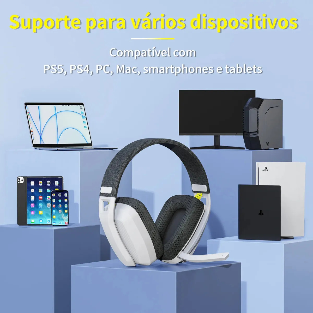 Fone de ouvido Headset gamer Binnune Bw06 Wireless Fone cinza para PC,PS,Mac USB 2.4Ghz,5.3Bluetooth com mic - Imagem 7