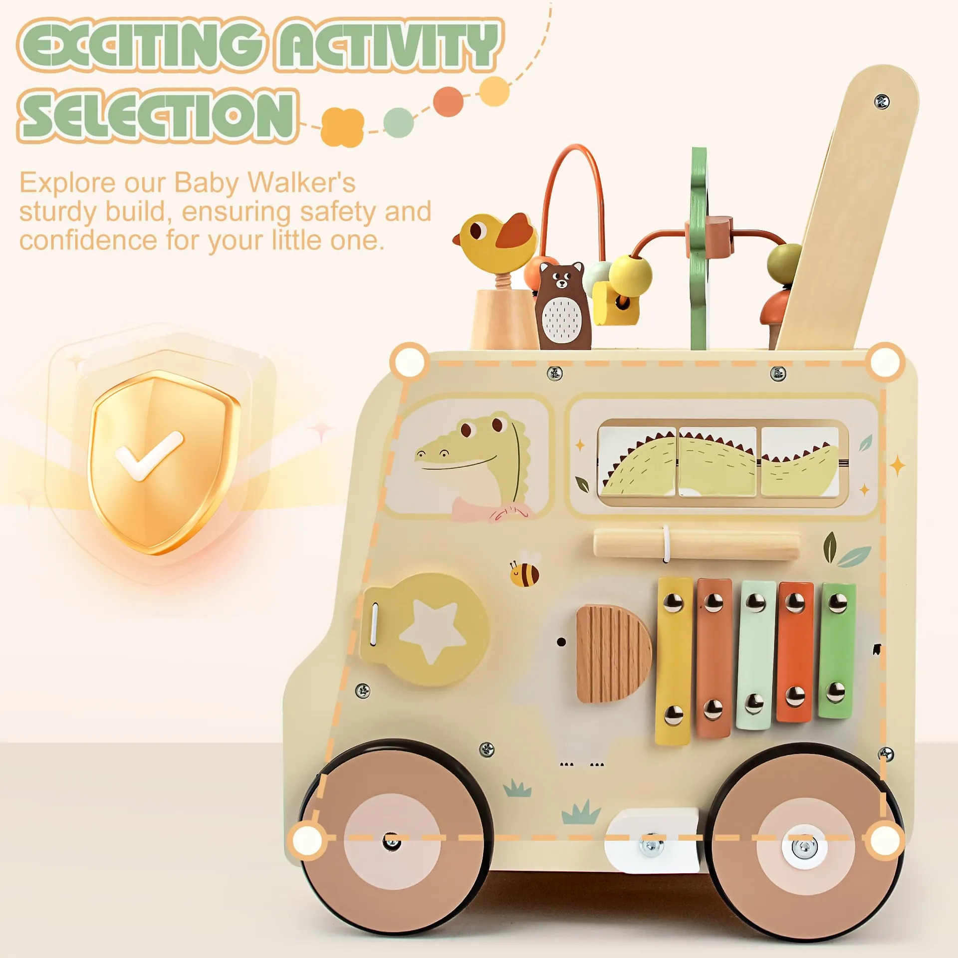 Pithfor Wooden Activity Cube Push Walker Para Bebês - Imagem 6
