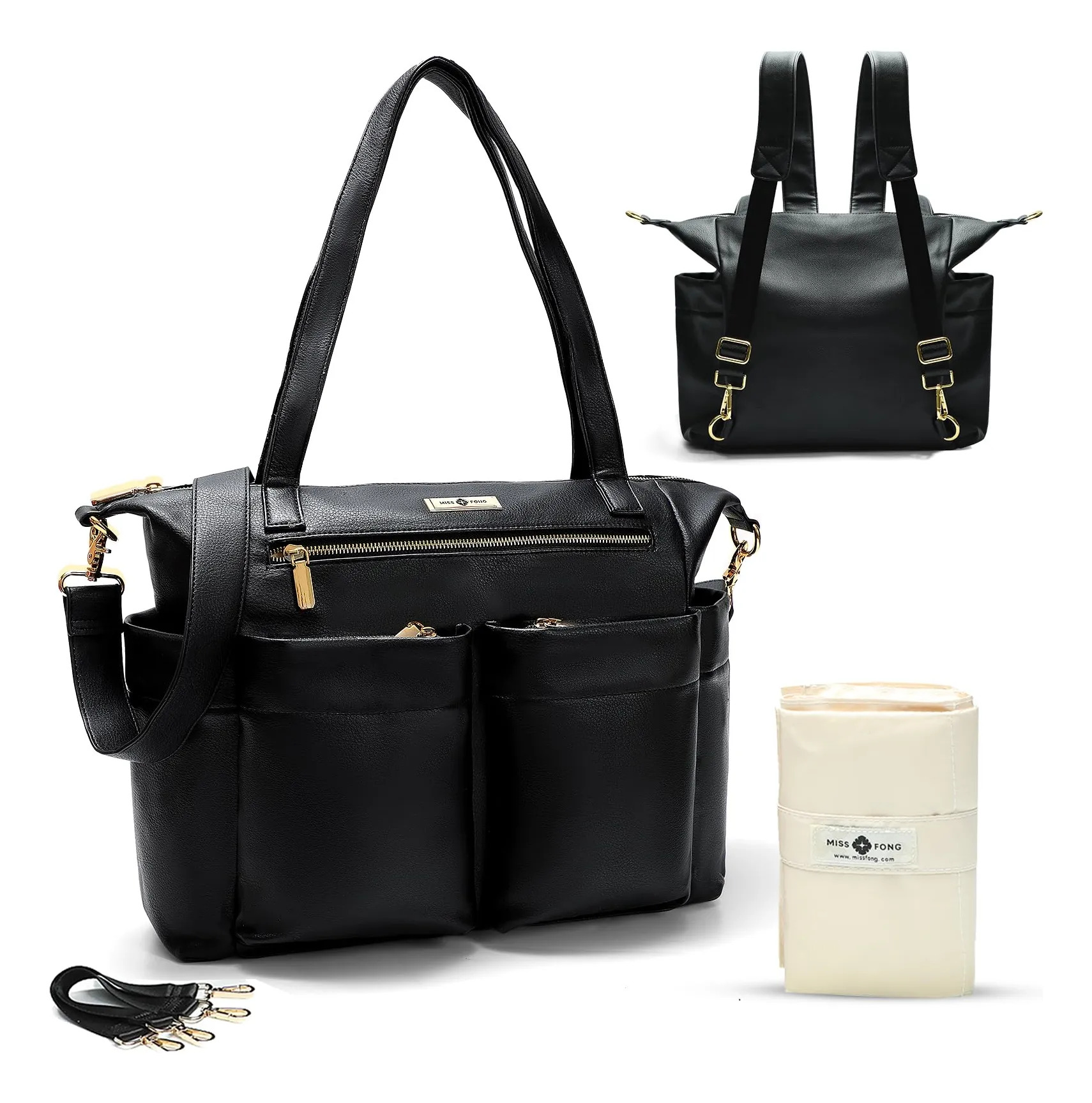 Bolsa De Fraldas Miss Fong Couro 15 Bolsos Preta Preto