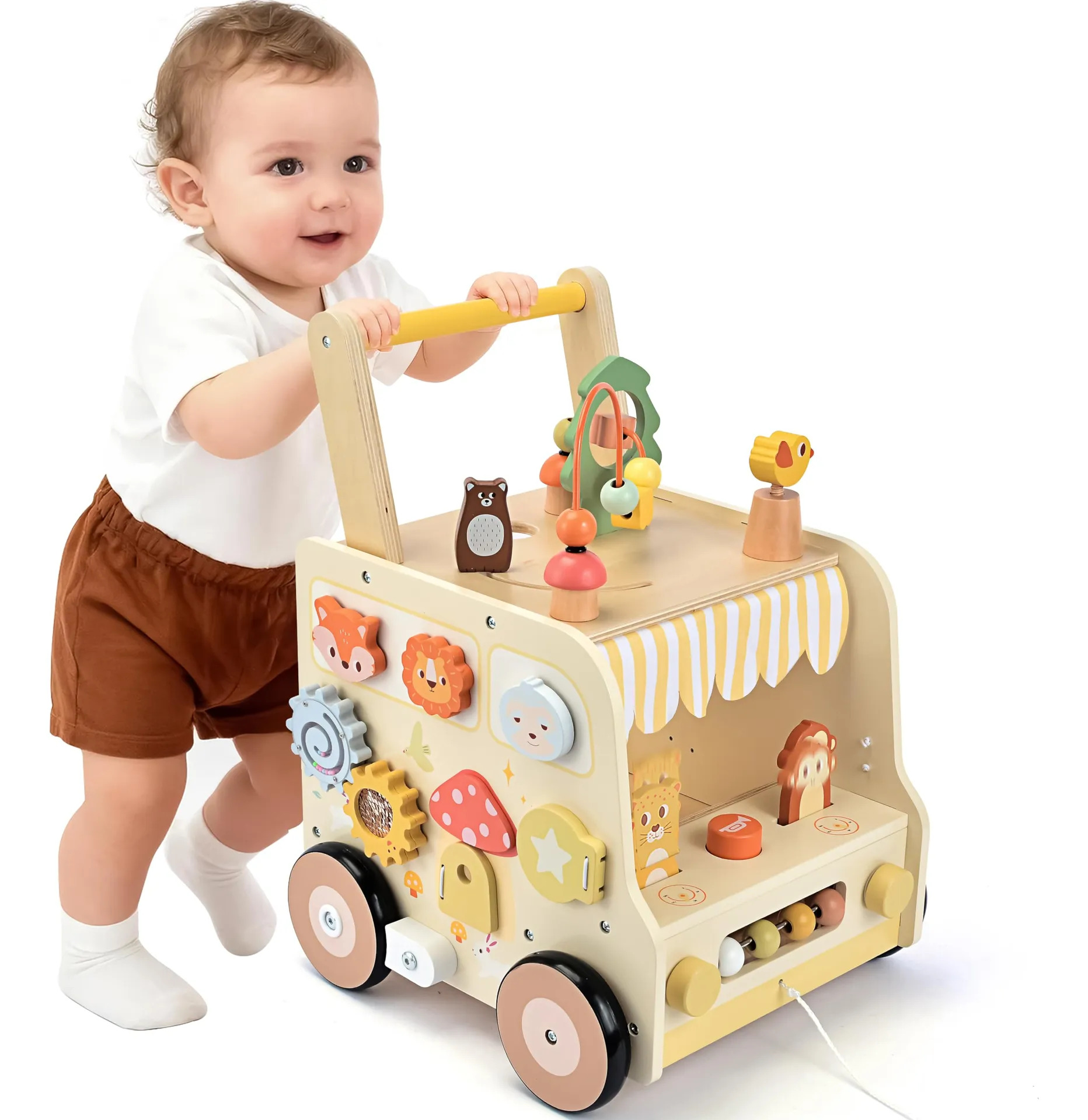 Pithfor Wooden Activity Cube Push Walker Para Bebês