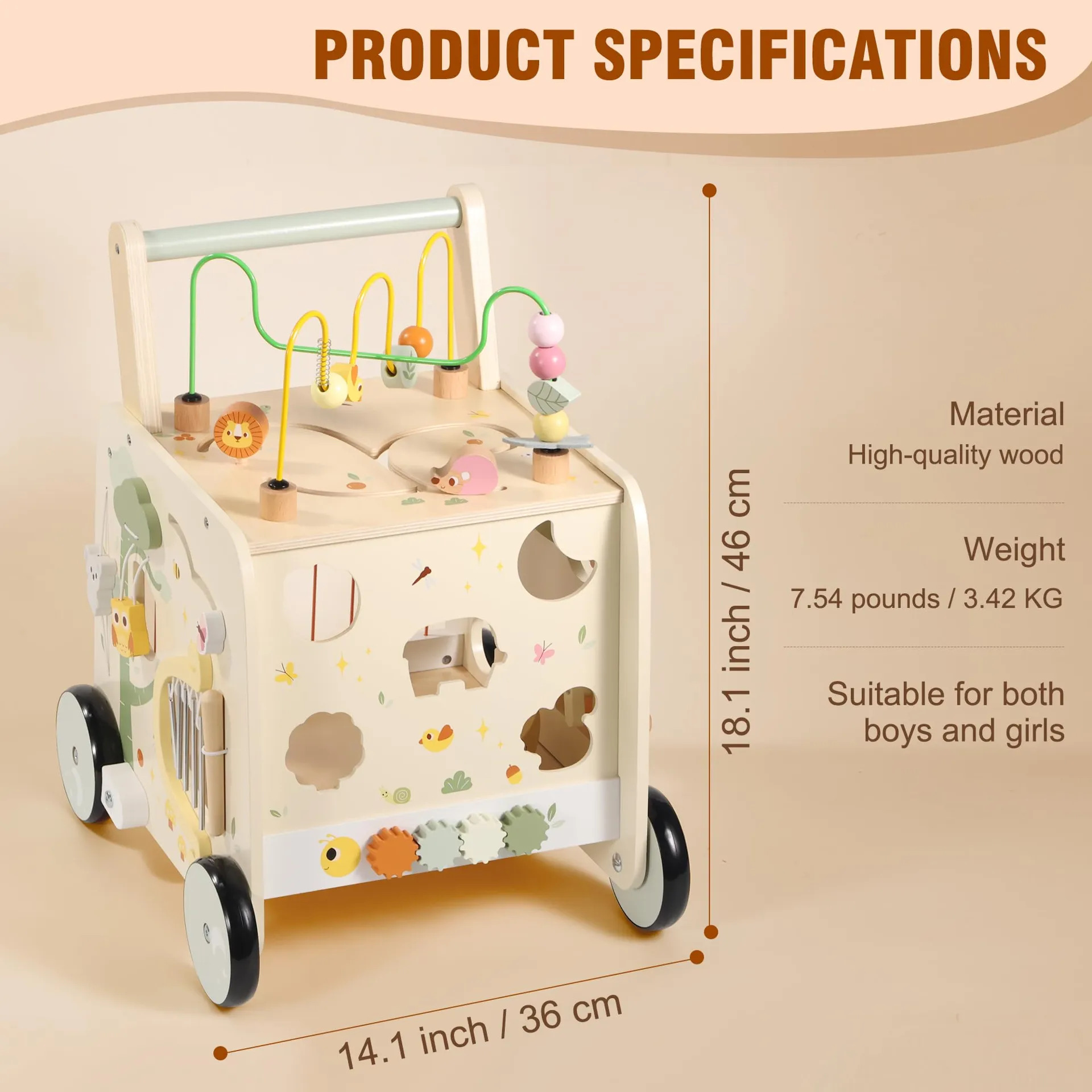 Pithfor Wooden Activity Cube Push Walker Para Bebês Laranja - Imagem 6
