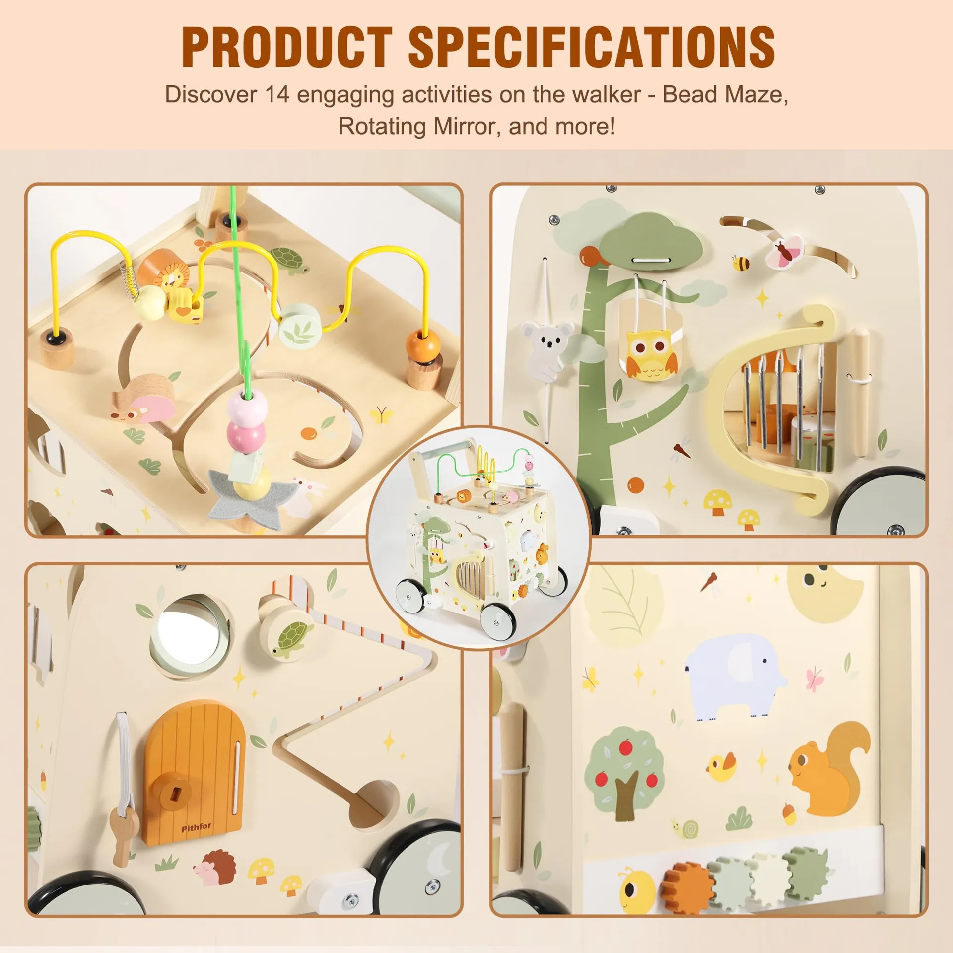 Pithfor Wooden Activity Cube Push Walker Para Bebês Laranja - Imagem 3