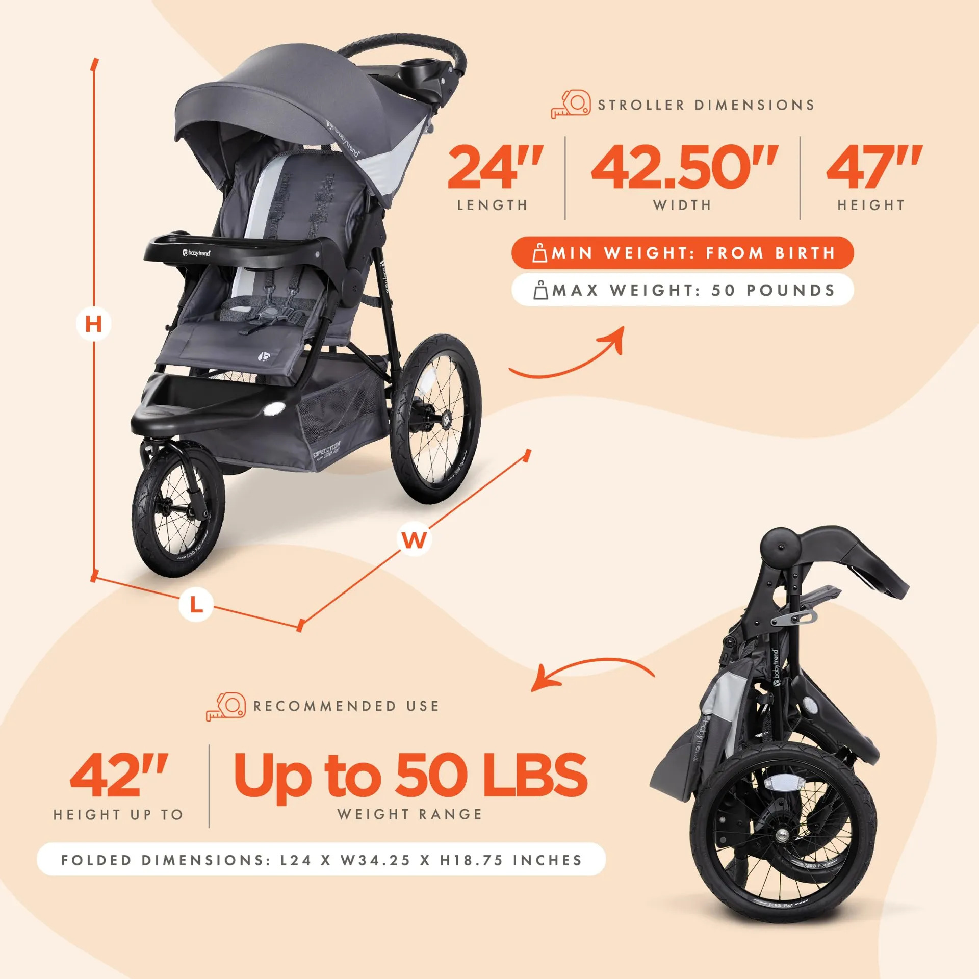 Baby Trend Expedition Jogger Com Luzes Led Cinza Traçado - Imagem 3