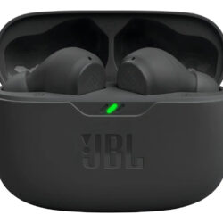 Fones de ouvido intra-auriculares sem fio JBL Vibe Beam pretos com luz LED