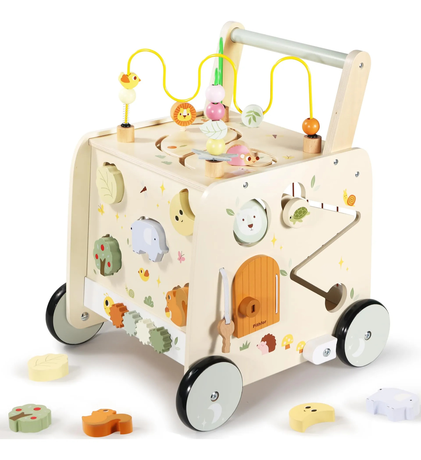 Pithfor Wooden Activity Cube Push Walker Para Bebês Laranja