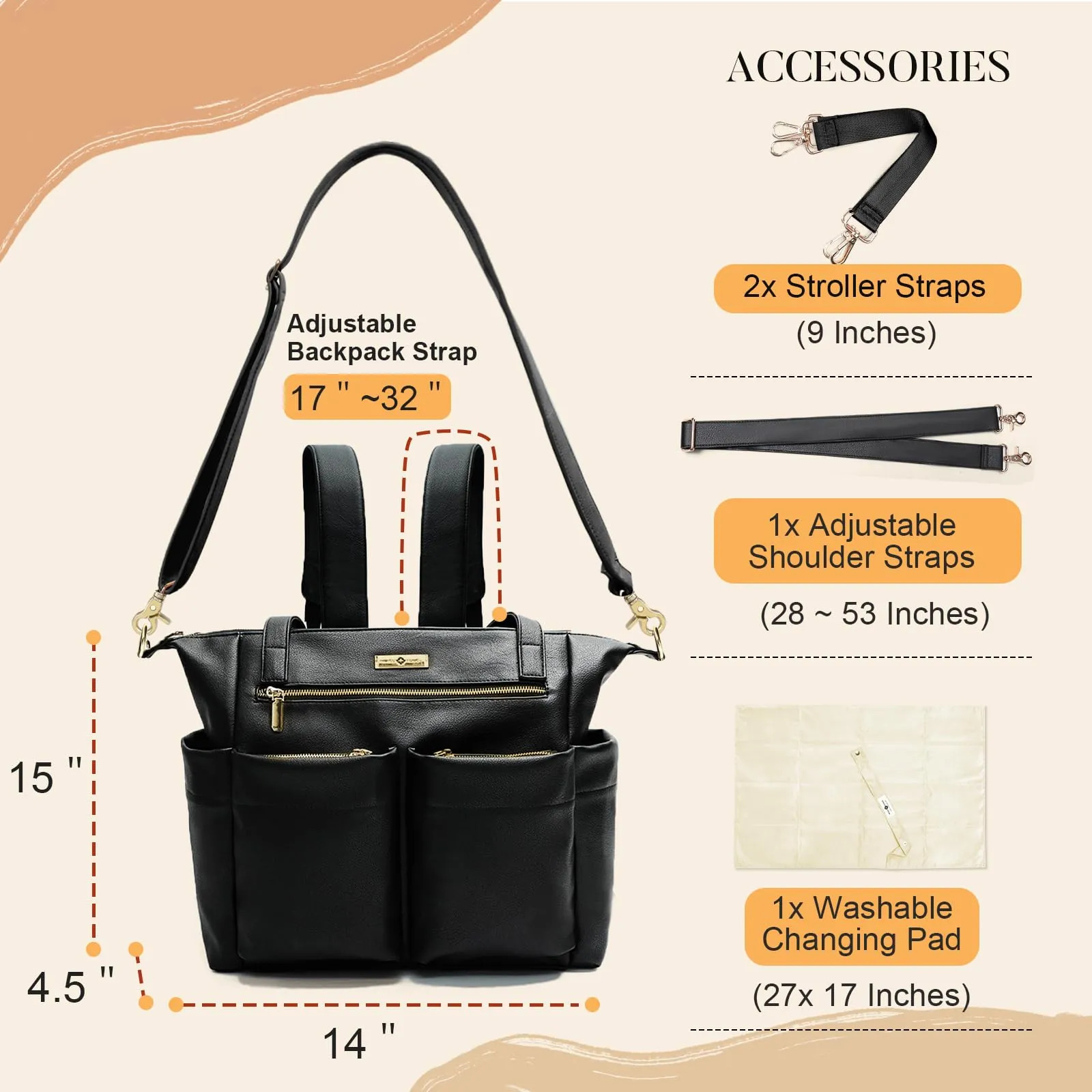 Bolsa De Fraldas Miss Fong Couro 15 Bolsos Preta Preto - Imagem 3