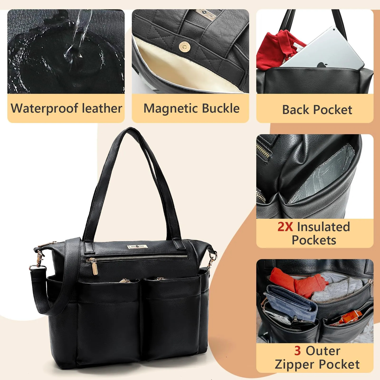Bolsa De Fraldas Miss Fong Couro 15 Bolsos Preta Preto - Imagem 5