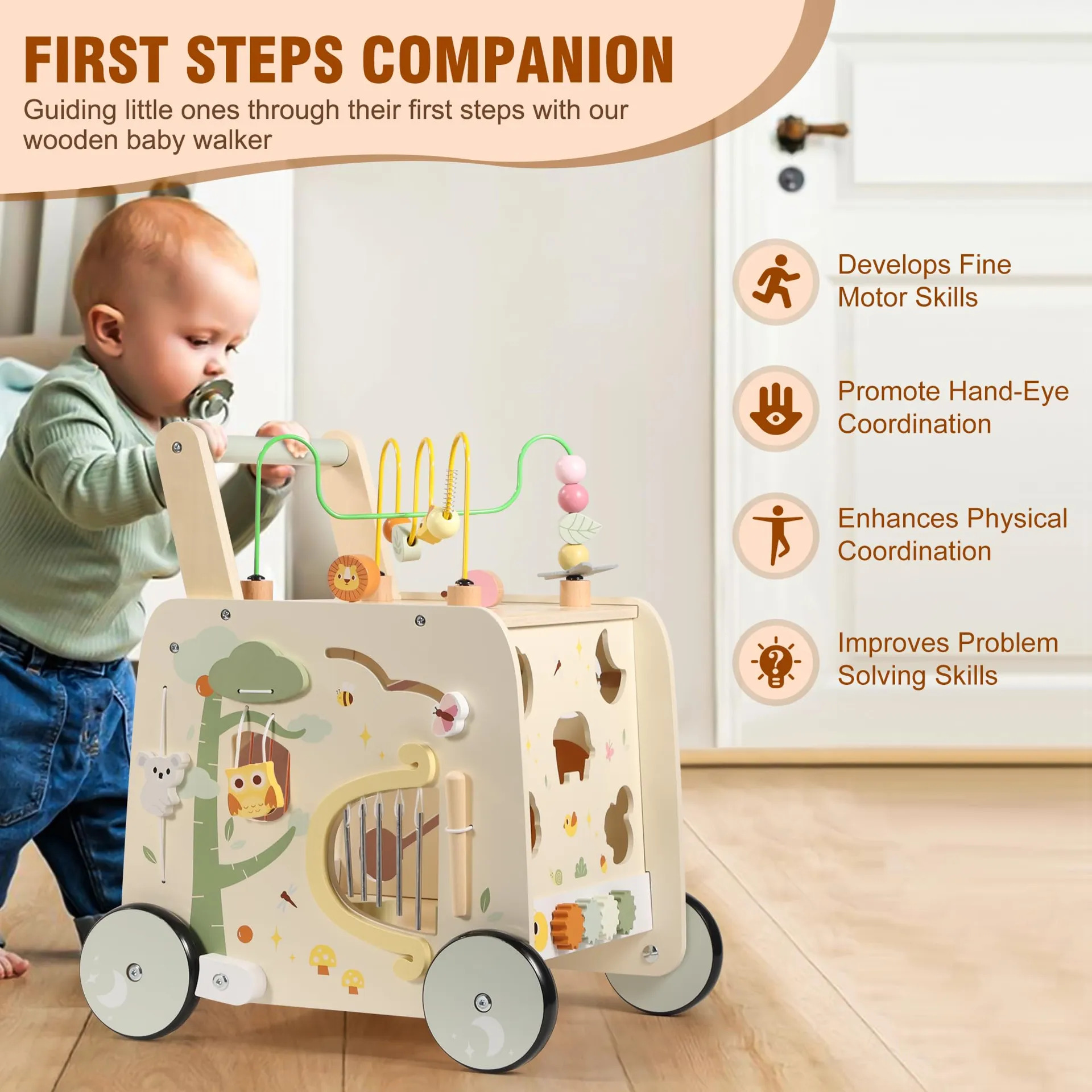 Pithfor Wooden Activity Cube Push Walker Para Bebês Laranja - Imagem 2