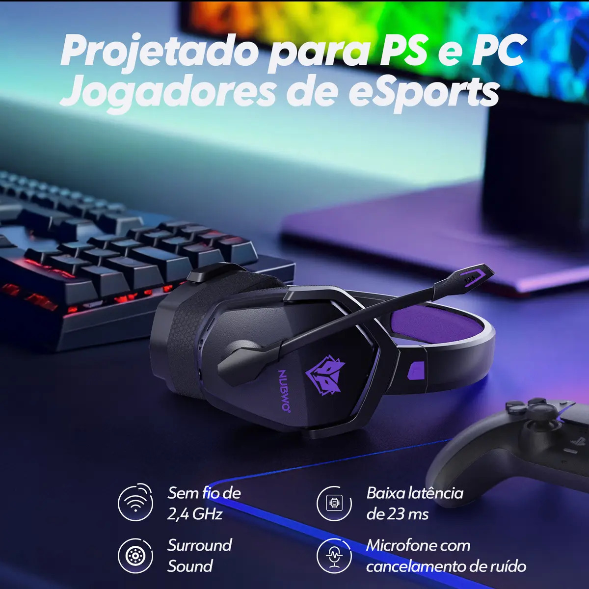 Fone de Ouvido Gamer Nubwo G06 Sem Fio c/ Som 7.1 e Bateria 100h - Imagem 2