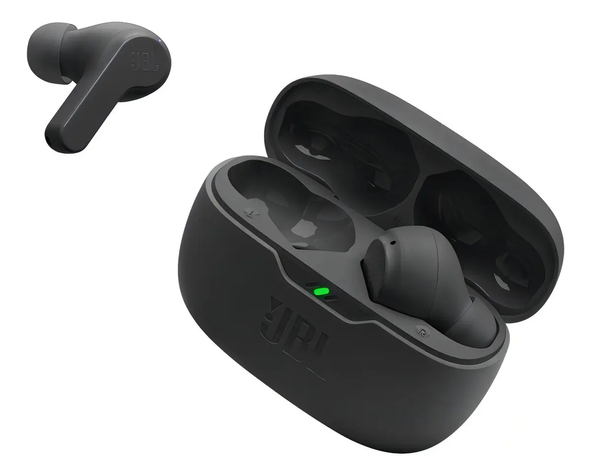 Fones de ouvido intra-auriculares sem fio JBL Vibe Beam pretos com luz LED - Imagem 4