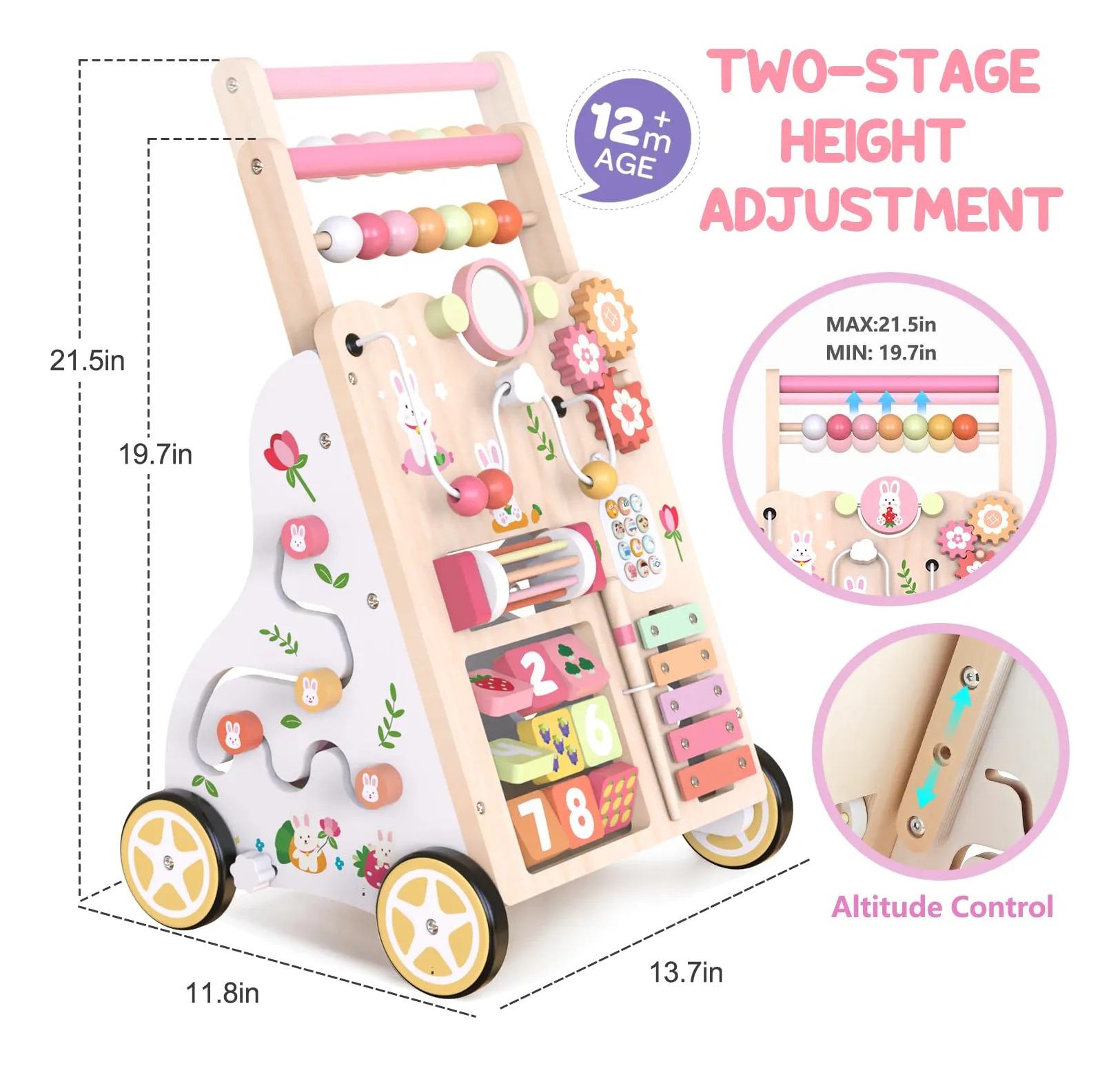 Brinquedo Weilim Wooden Baby Walker Ajustável Em Altura E Ve Rosa - Imagem 2
