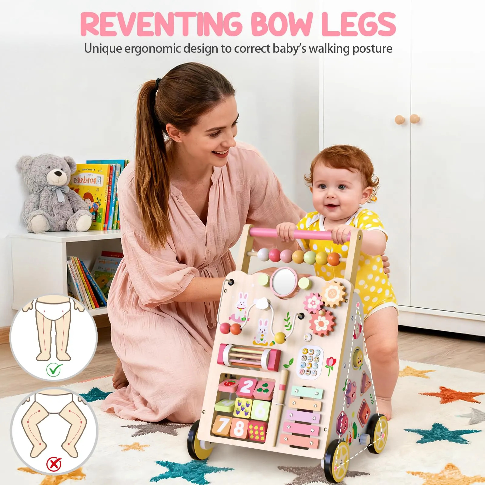 Brinquedo Weilim Wooden Baby Walker Ajustável Em Altura E Ve Rosa - Imagem 7