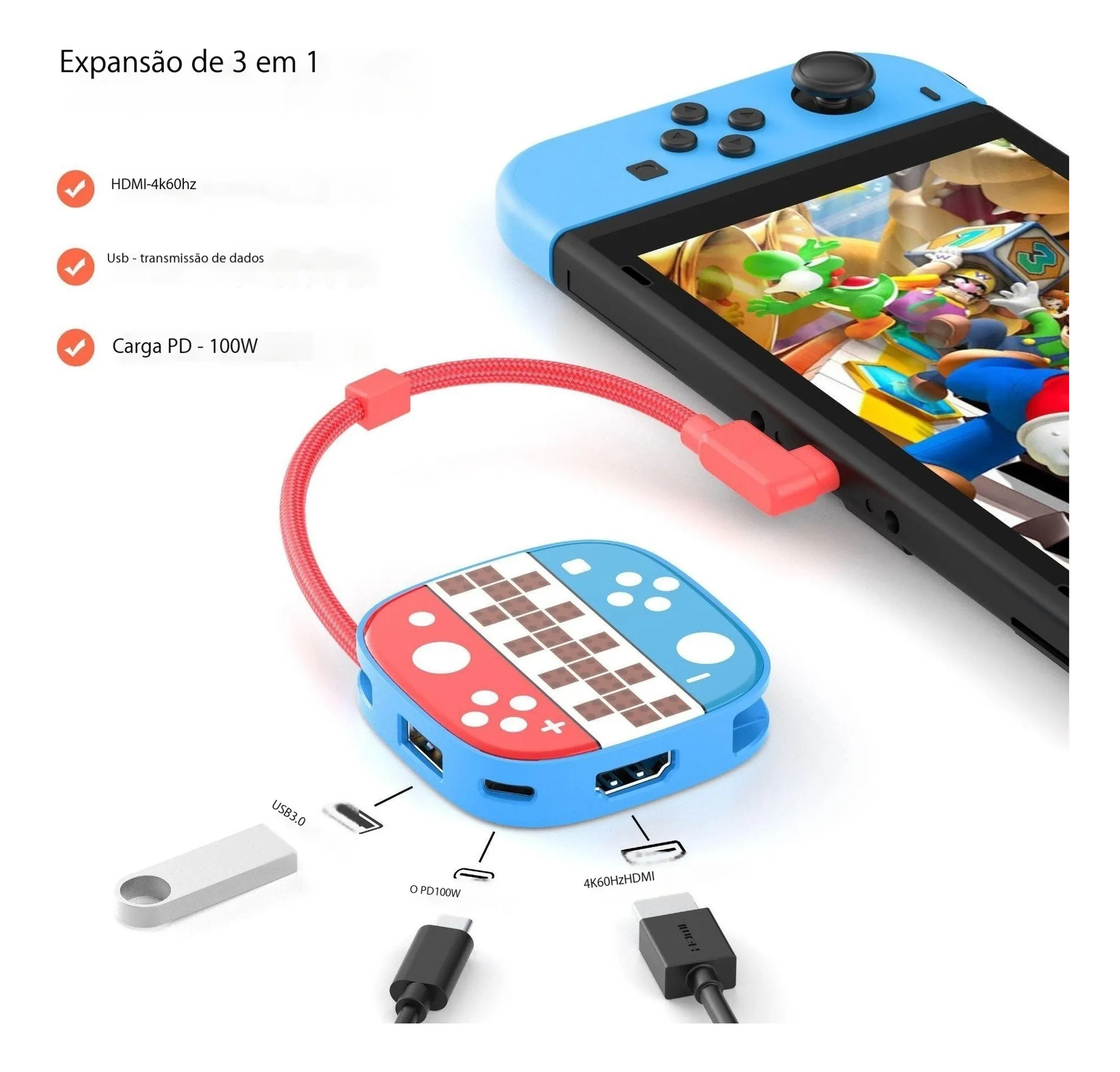 Adaptador Hdmi Switch2 4k + Usb + Carregamento Pd X - Imagem 3