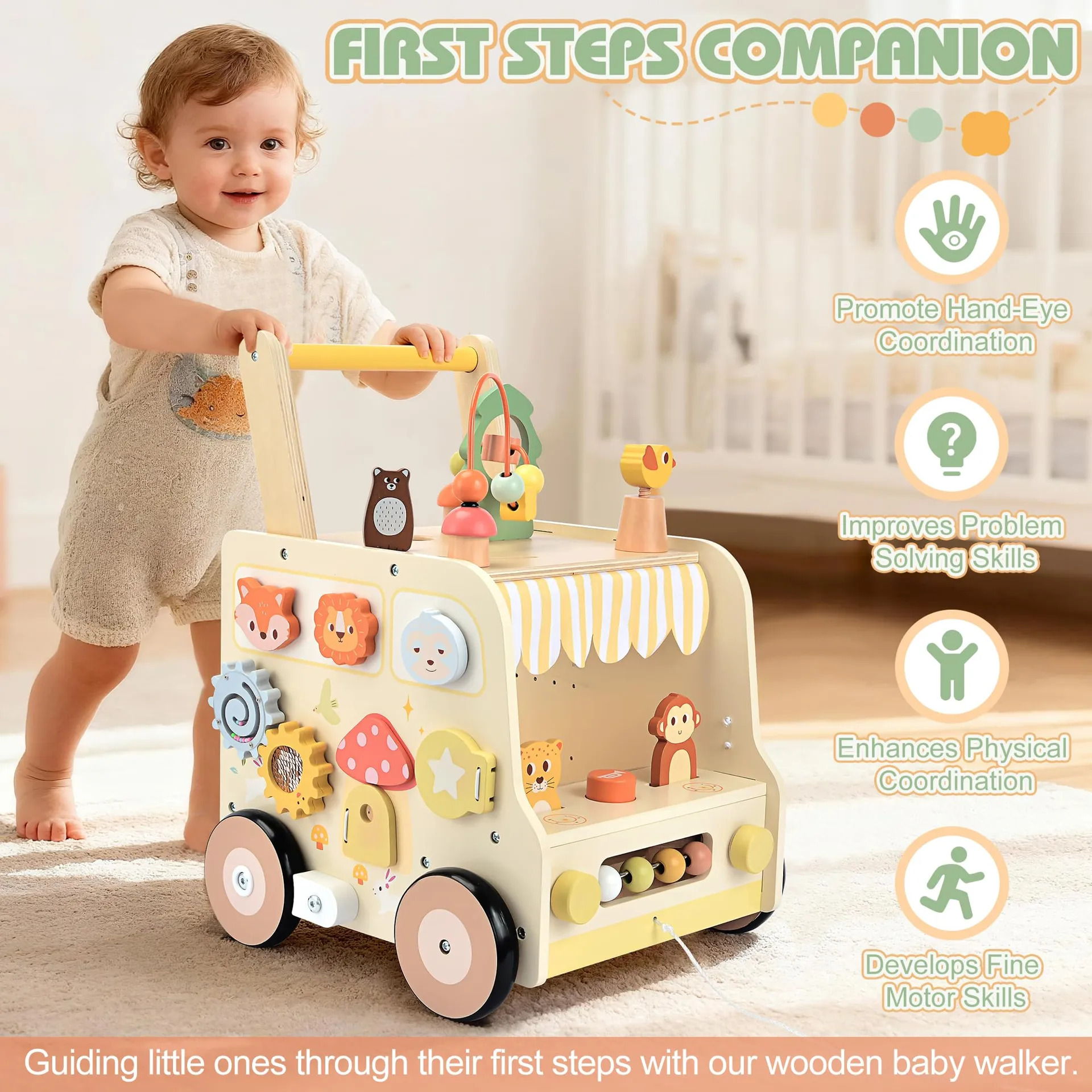 Pithfor Wooden Activity Cube Push Walker Para Bebês - Imagem 3