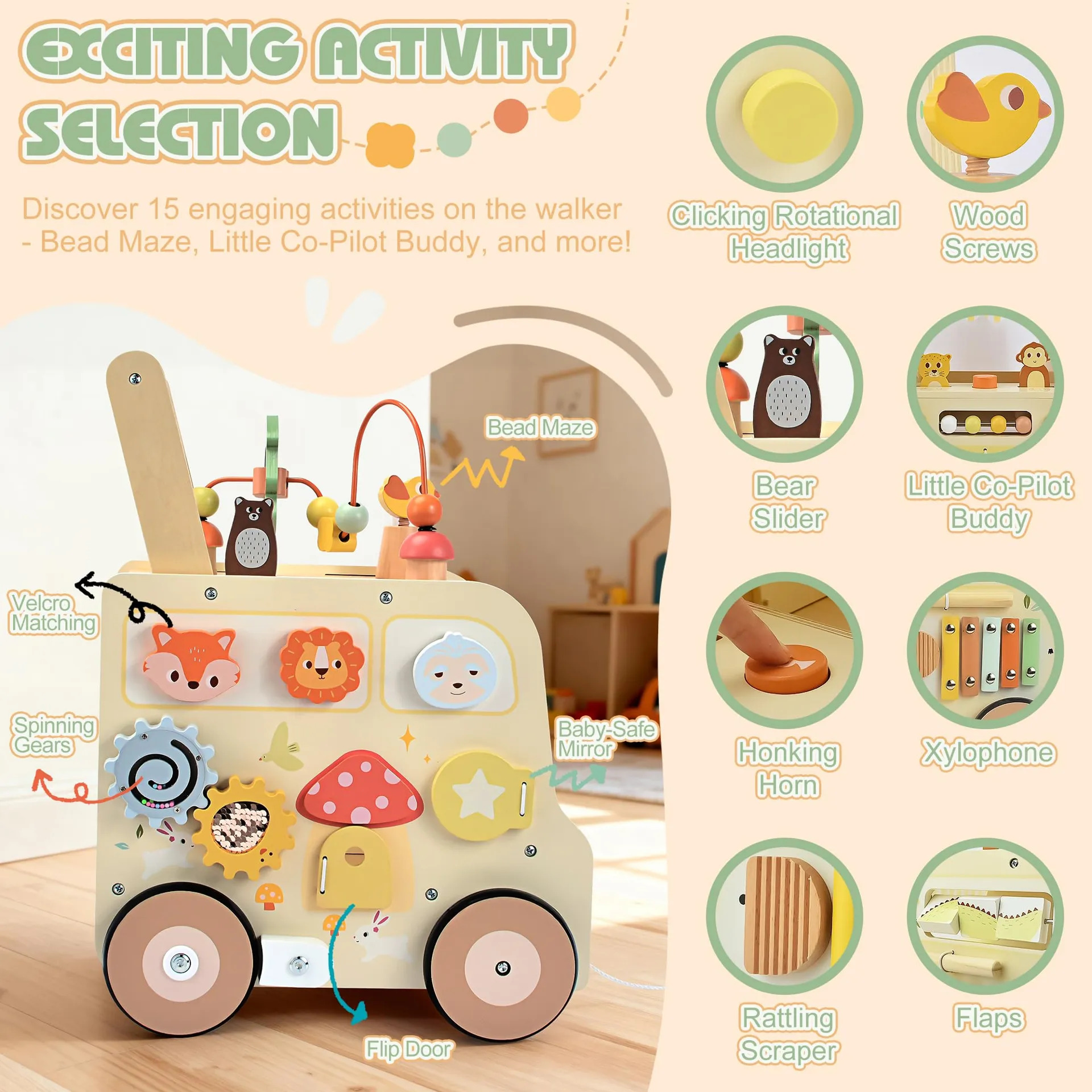 Pithfor Wooden Activity Cube Push Walker Para Bebês - Imagem 5