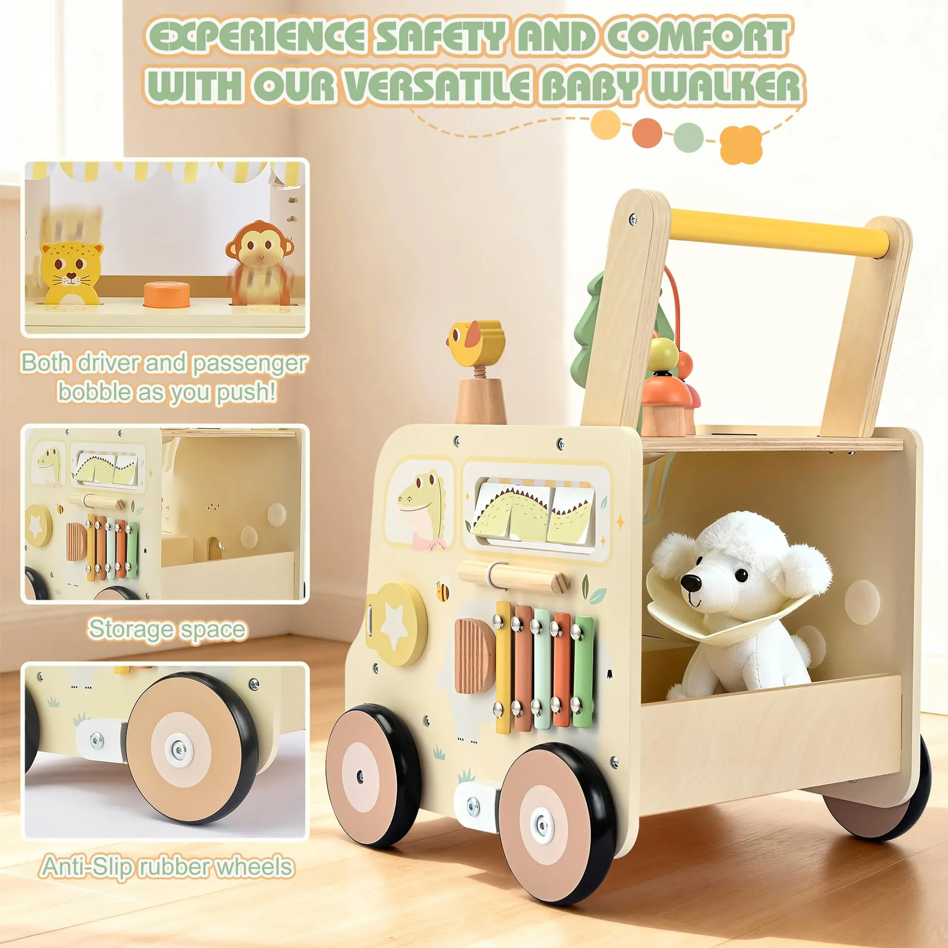 Pithfor Wooden Activity Cube Push Walker Para Bebês - Imagem 4