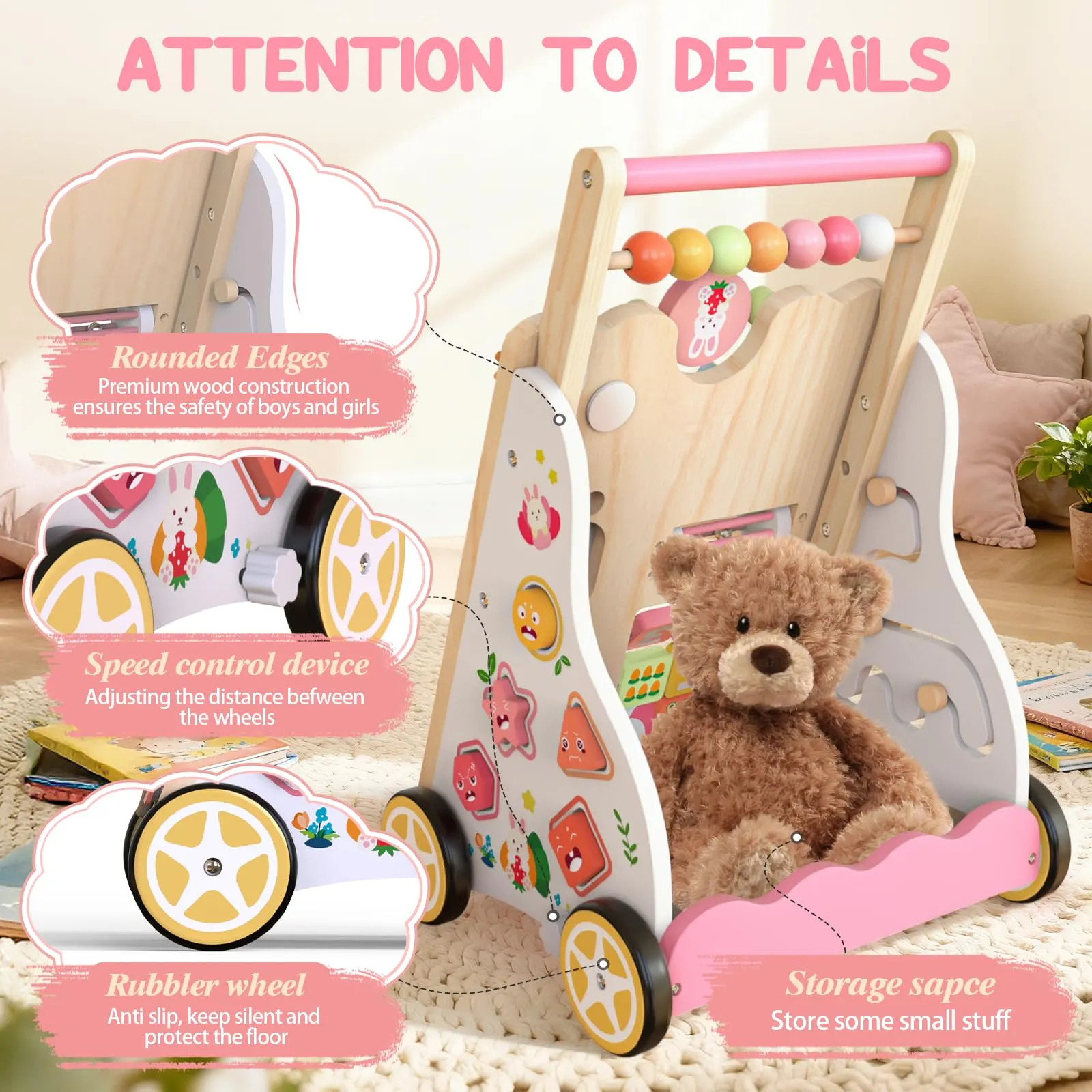 Brinquedo Weilim Wooden Baby Walker Ajustável Em Altura E Ve Rosa - Imagem 4