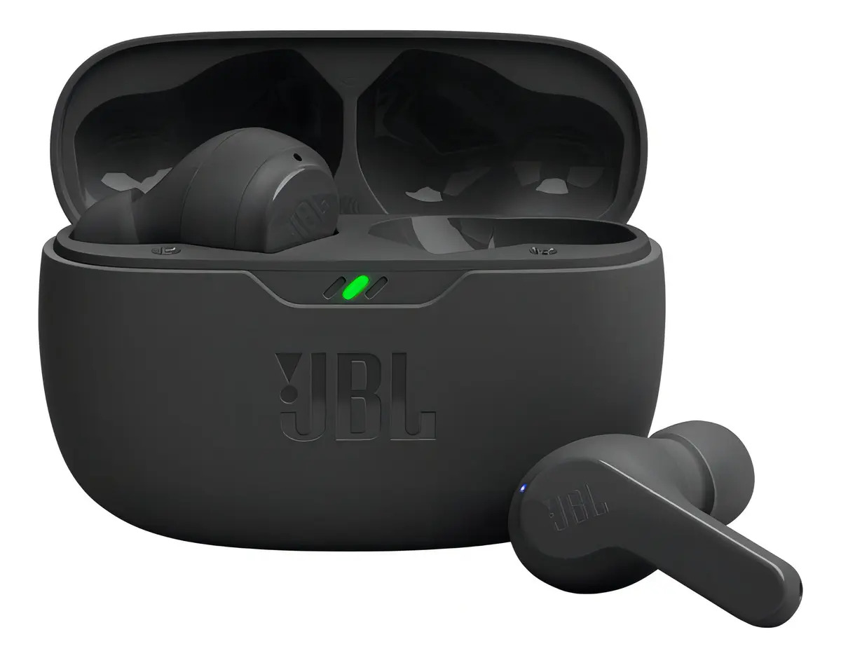 Fones de ouvido intra-auriculares sem fio JBL Vibe Beam pretos com luz LED - Imagem 2