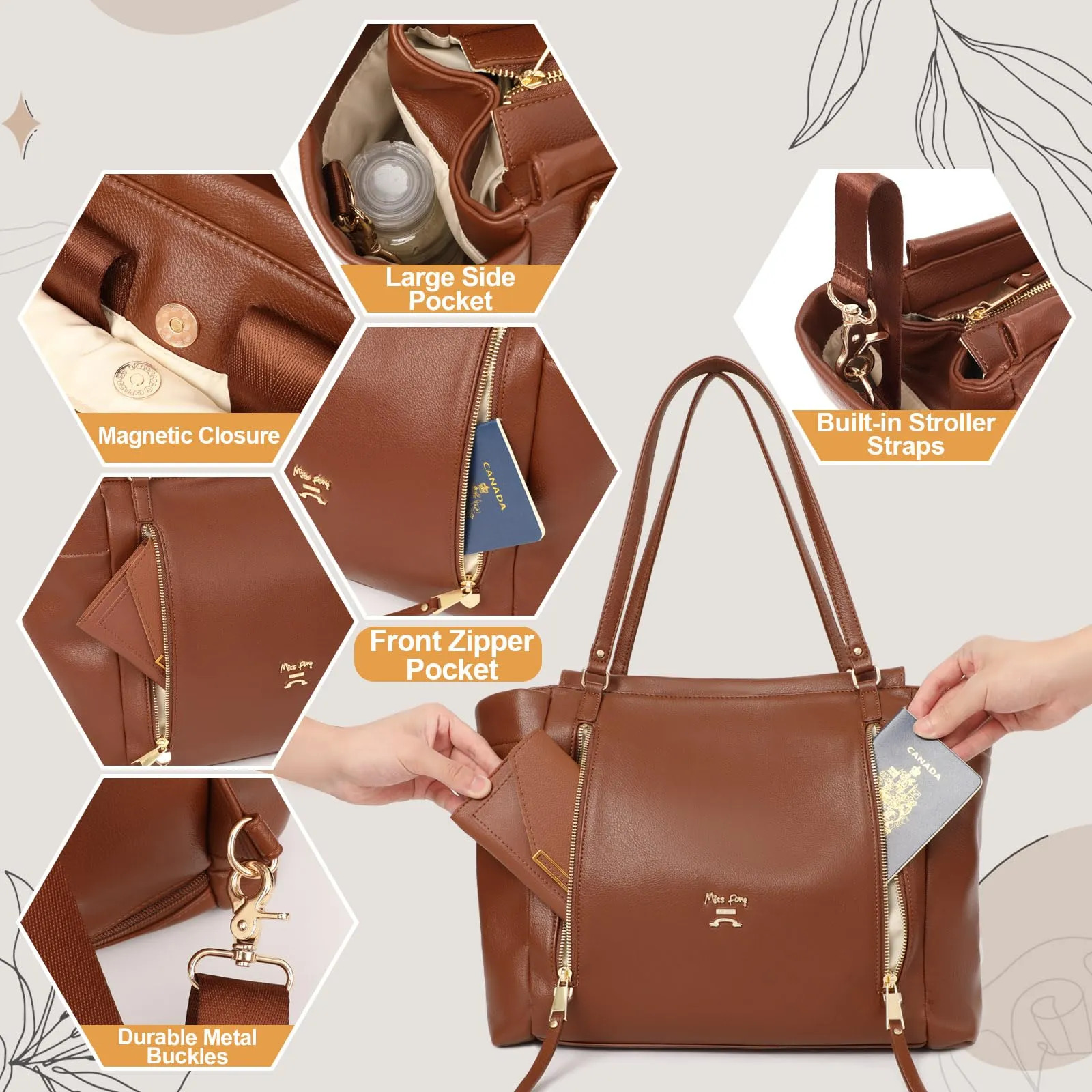 Bolsa De Fraldas Miss Fong Para Bebê - Couro Marrom - Imagem 4