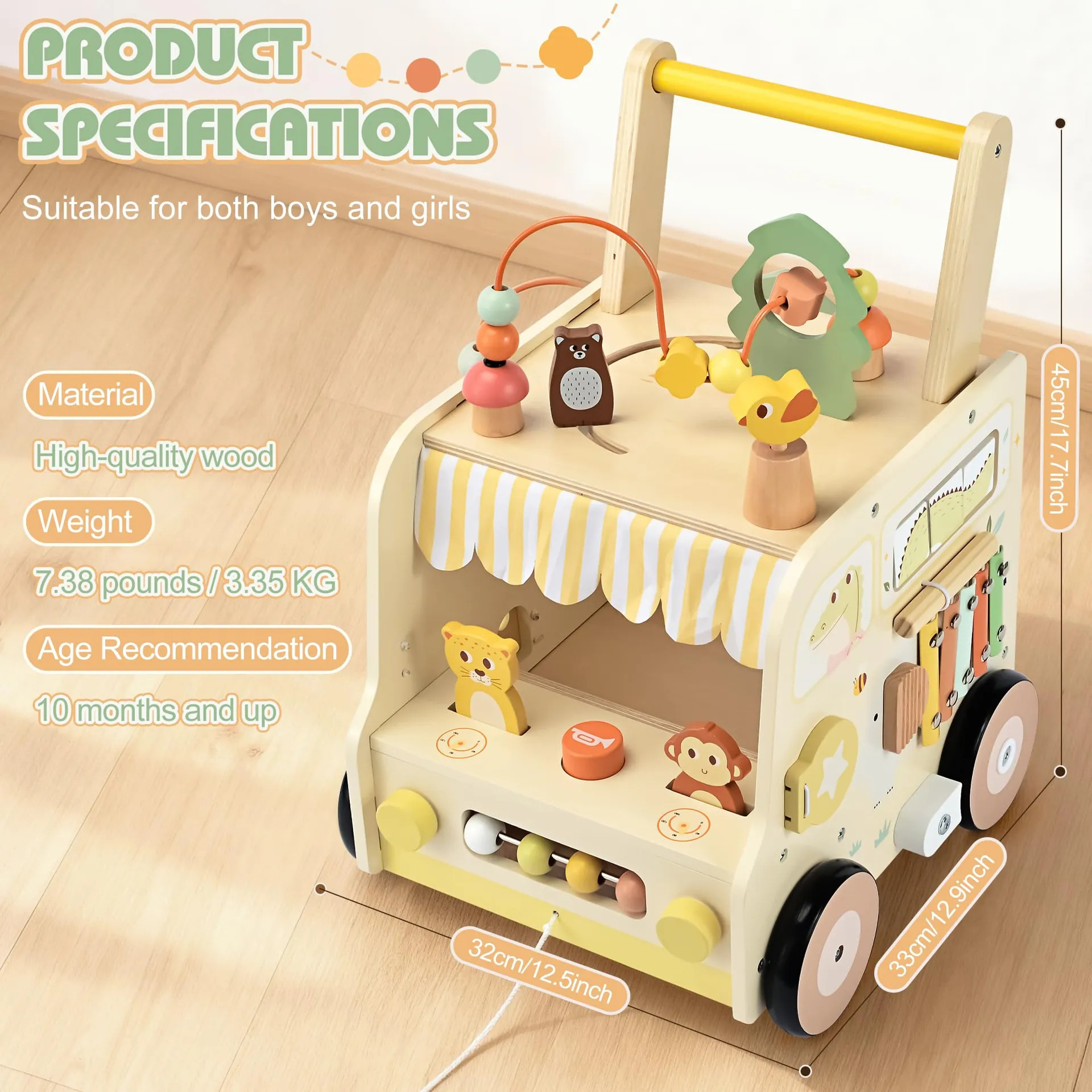 Pithfor Wooden Activity Cube Push Walker Para Bebês - Imagem 2